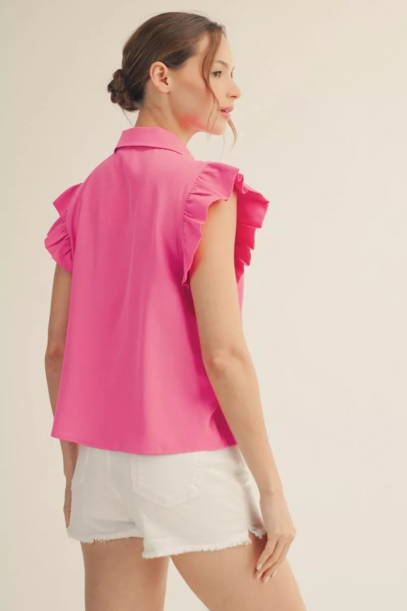 Collar Cap Sleeve Top - Hot Pink