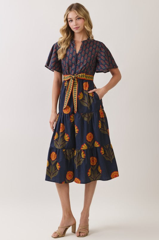 Navy Floral Tiered Midi Dress