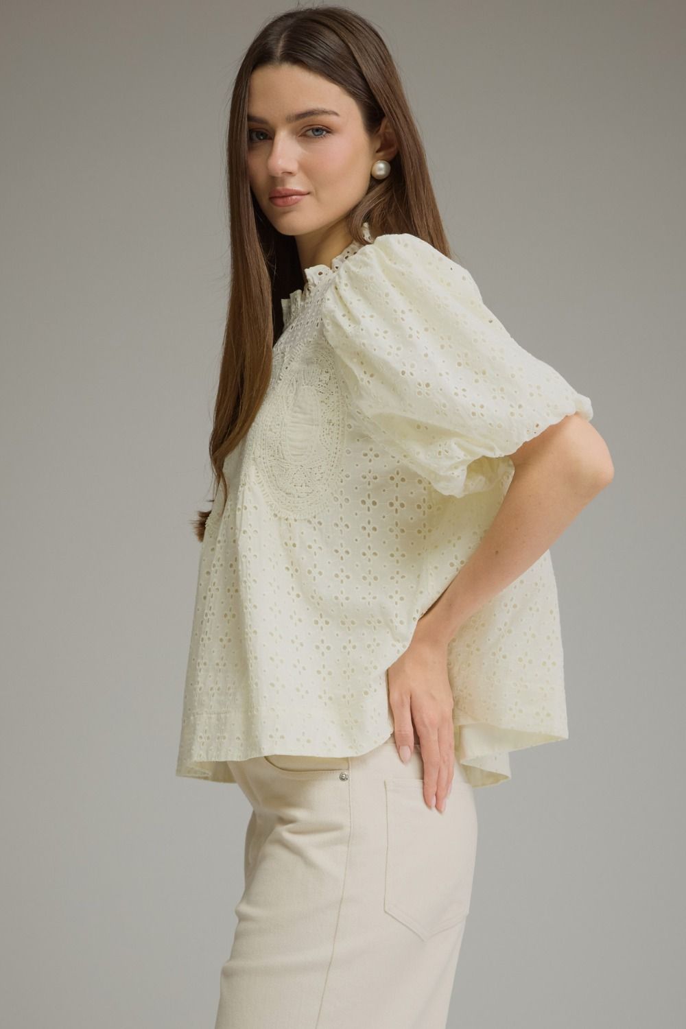 Eyelet Puff Sleeve Top - Cream
