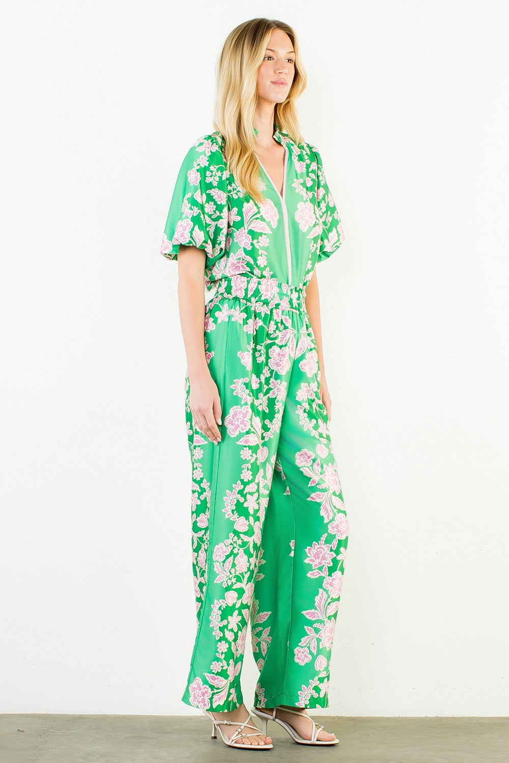 Green Wide Leg Floral Pattern Pant
