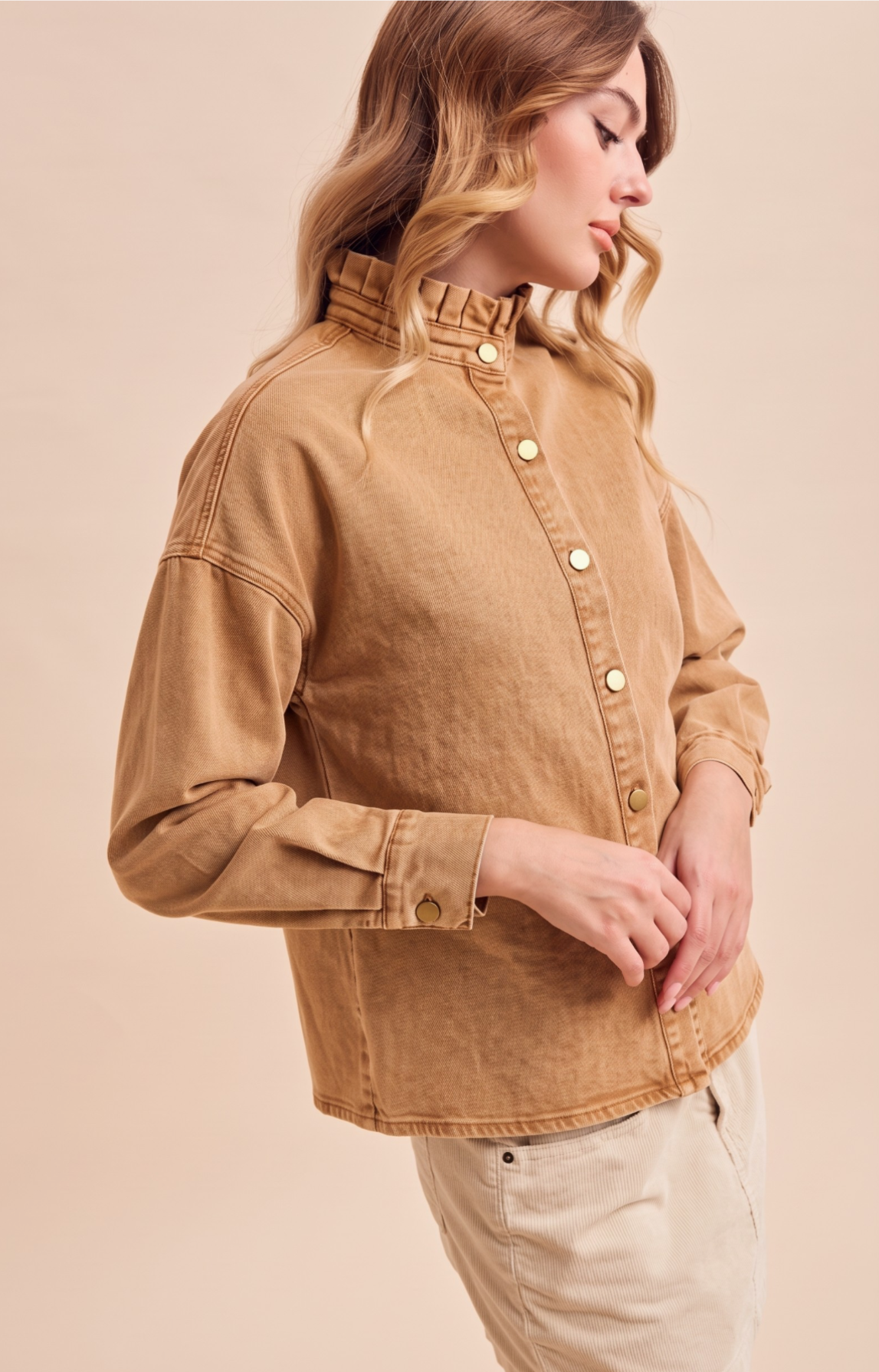 Ruffle Neck Twill Shacket