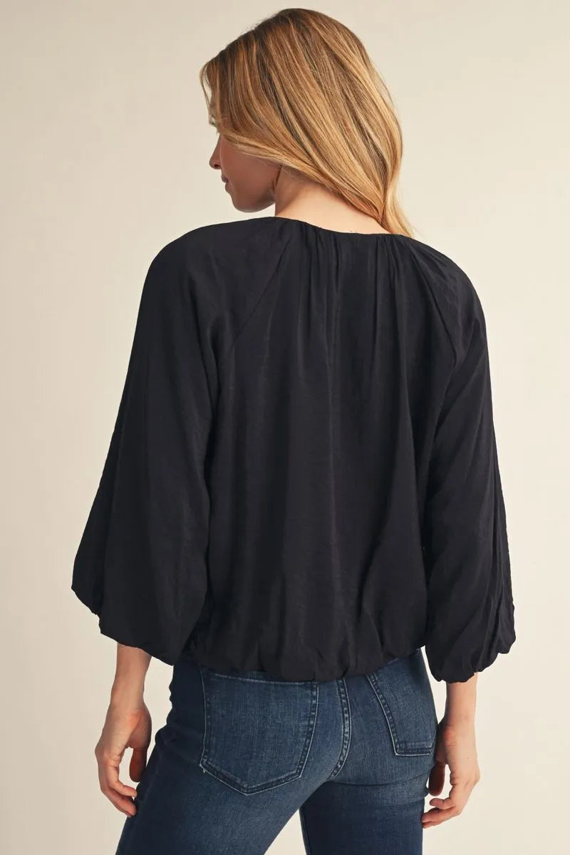 3/4 Puff Sleeve Crinkle Top - Black