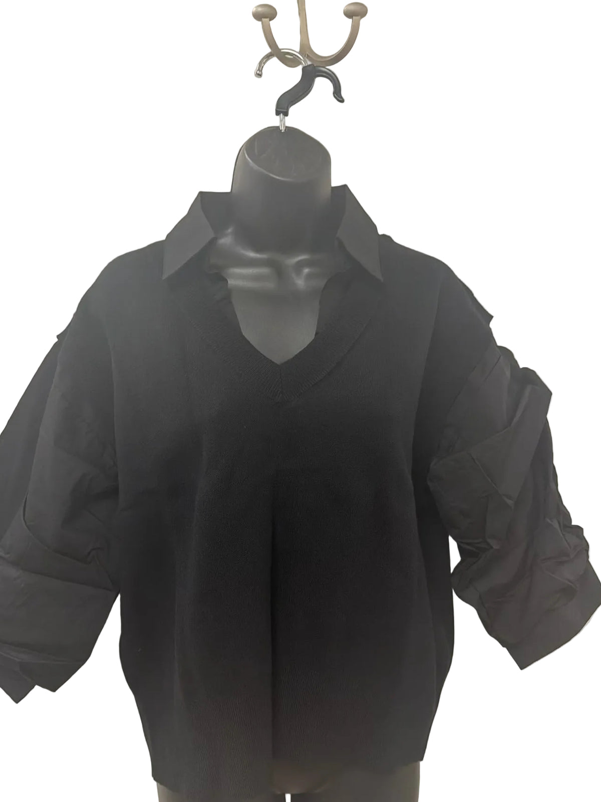 Black V Neck Knit Mix Top
