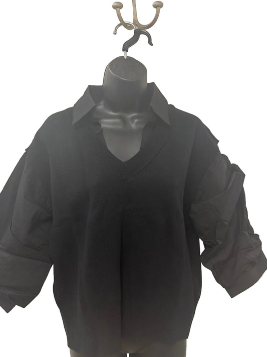 Black V Neck Knit Mix Top
