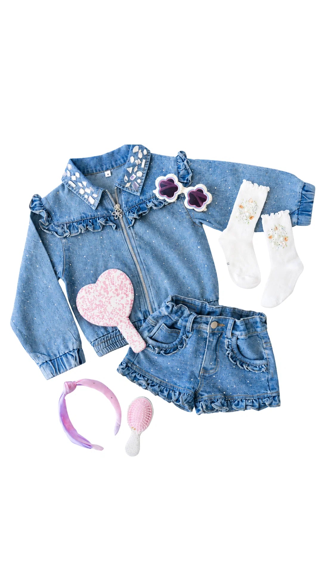 Rhinestone & Ruffle Denim Bomber Jacket