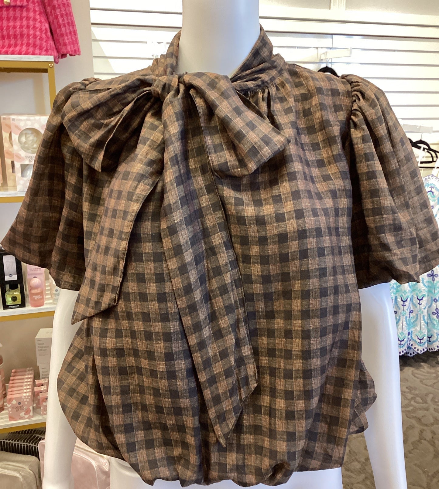 Brown Bubble Tie Neck Top