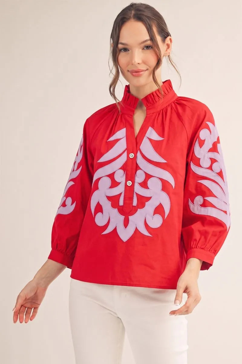 Baroque Applique Top - lilac/Red