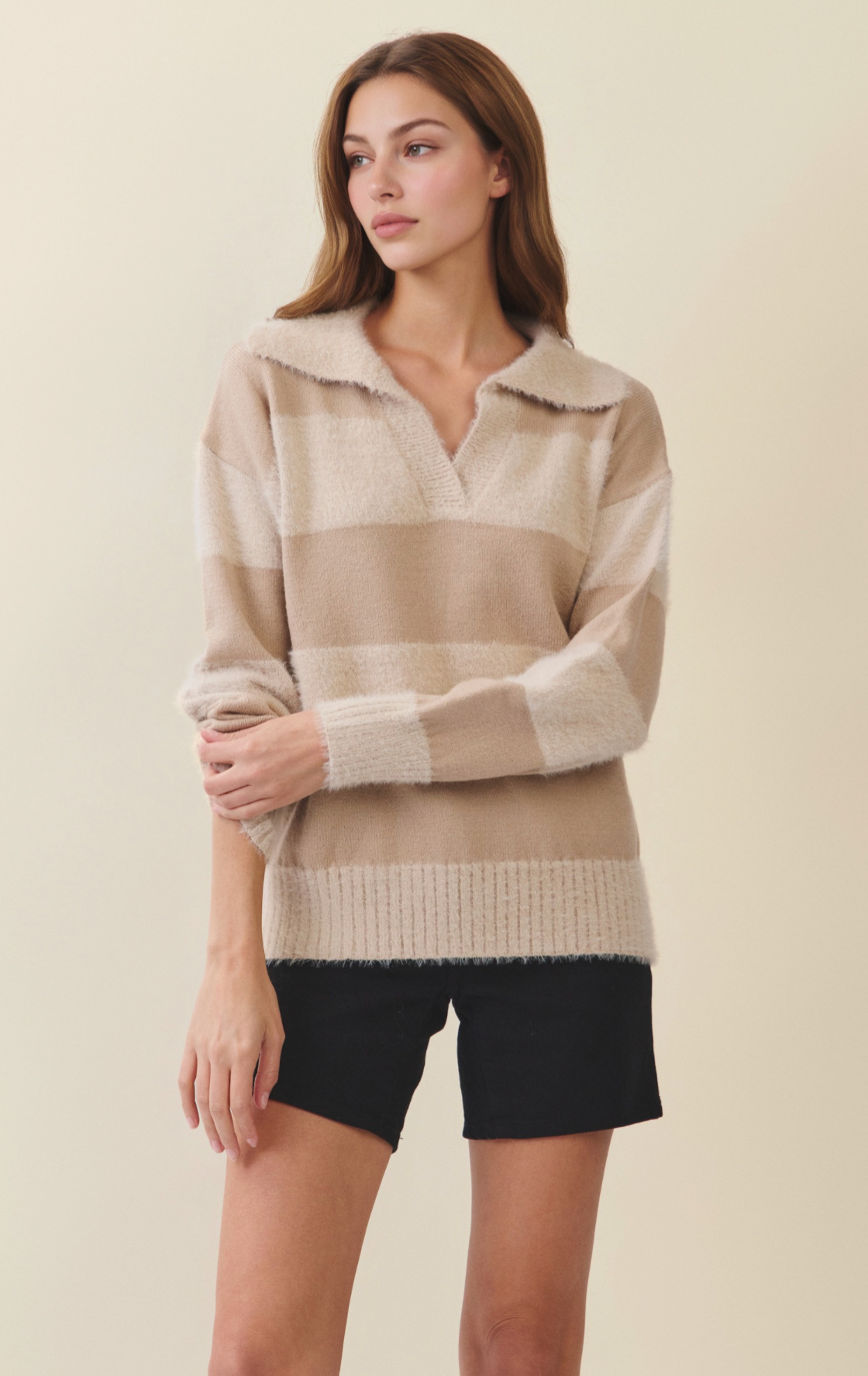 Soft Textured Striped Collar Knit Sweater