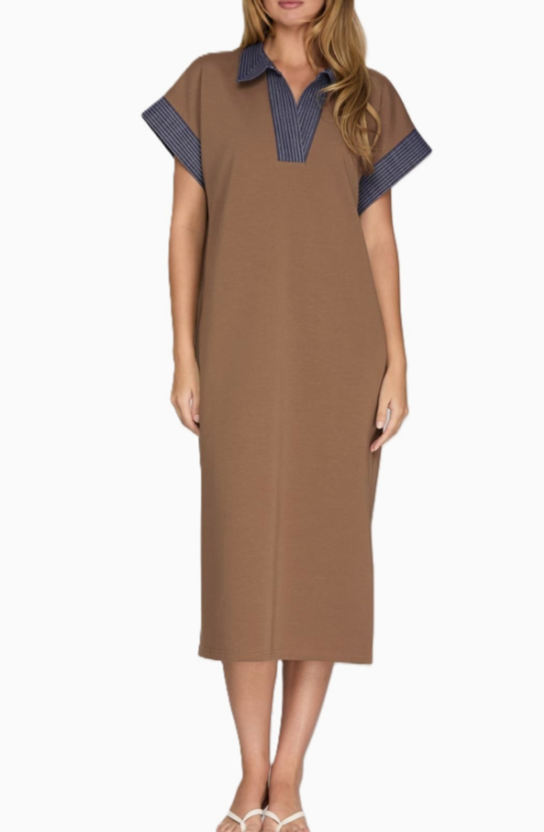 Contrast Collar With Stitch Knit Dress