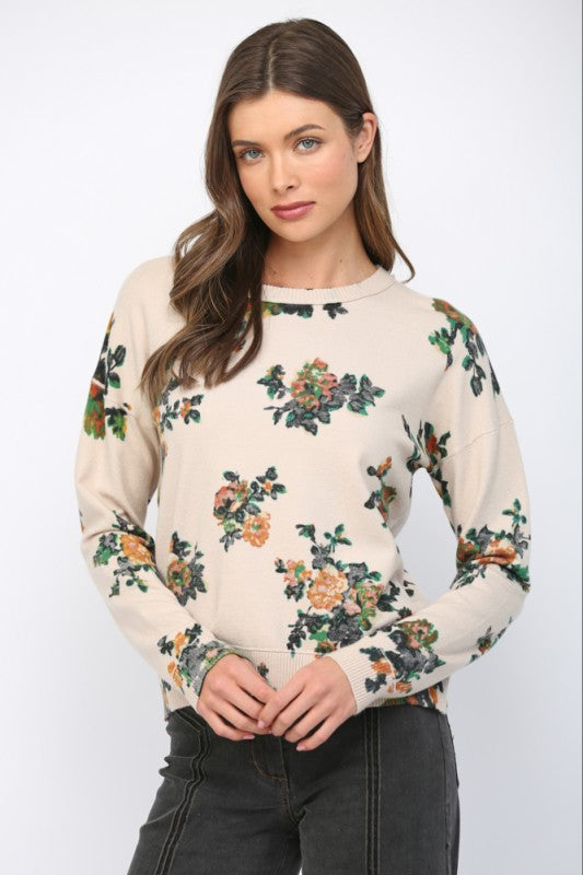 Floral Crew Neckline Sweater - Beige