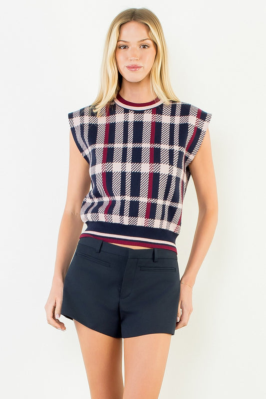 Navy Plaid Knit Sweater Vest
