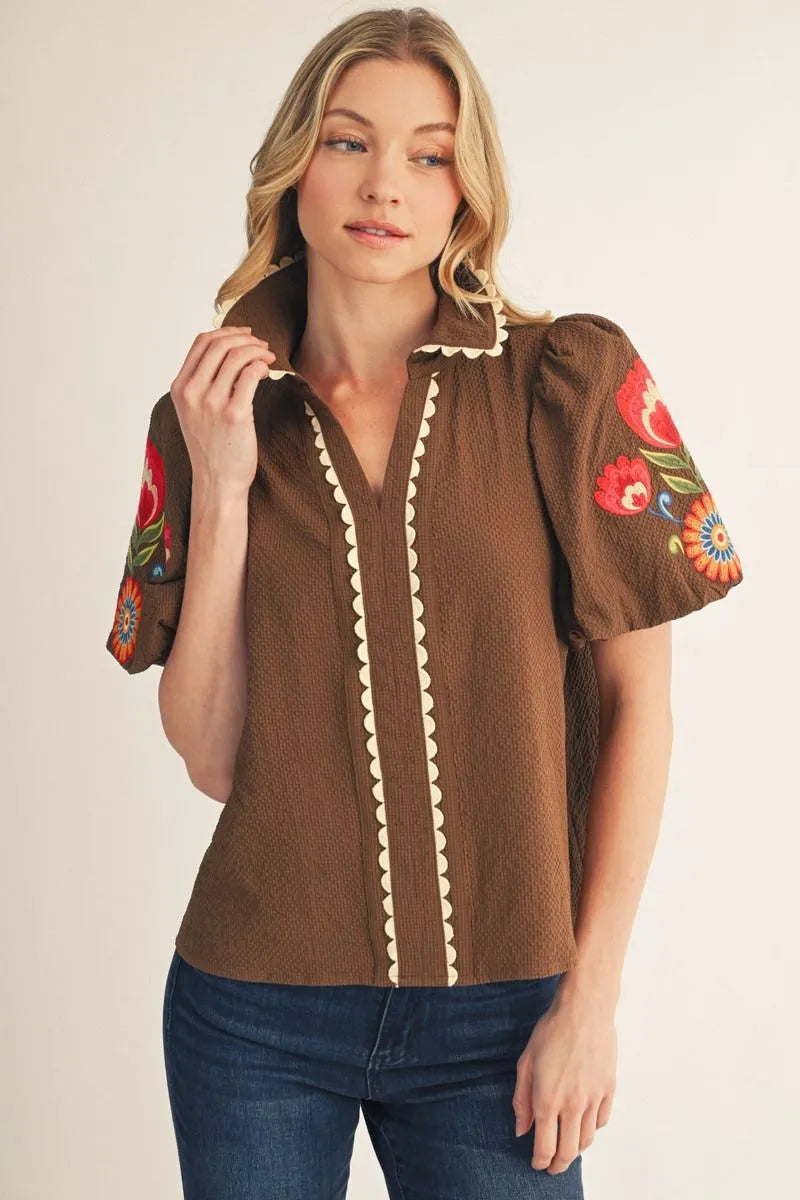 Brown Embroider Puff Sleeve Top