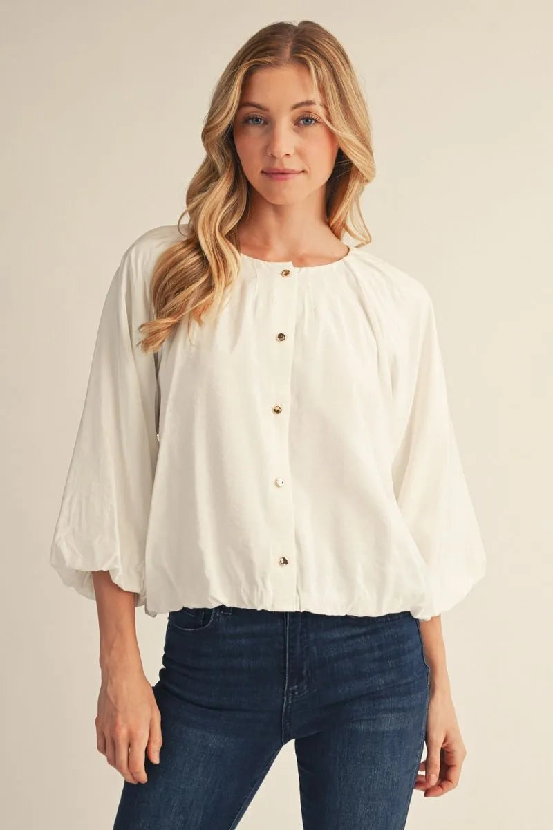 3/4 Puff Sleeve Crinkle Top - Ivory