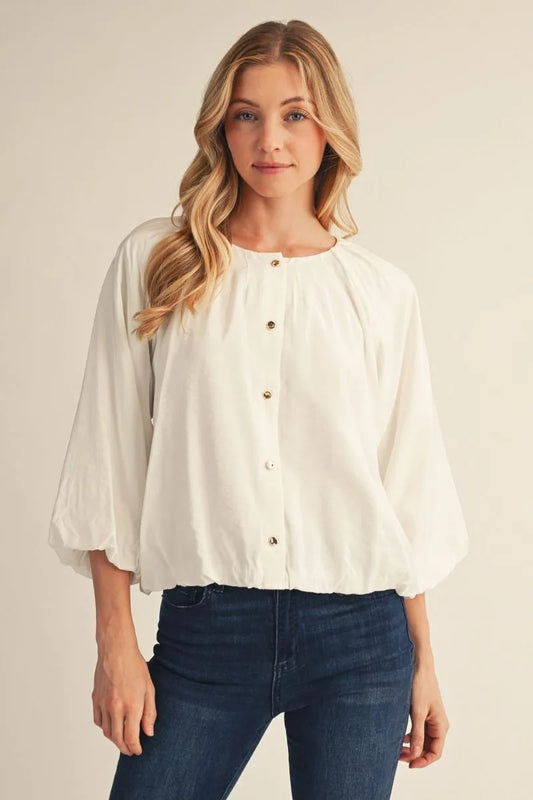 3/4 Puff Sleeve Crinkle Top - Ivory