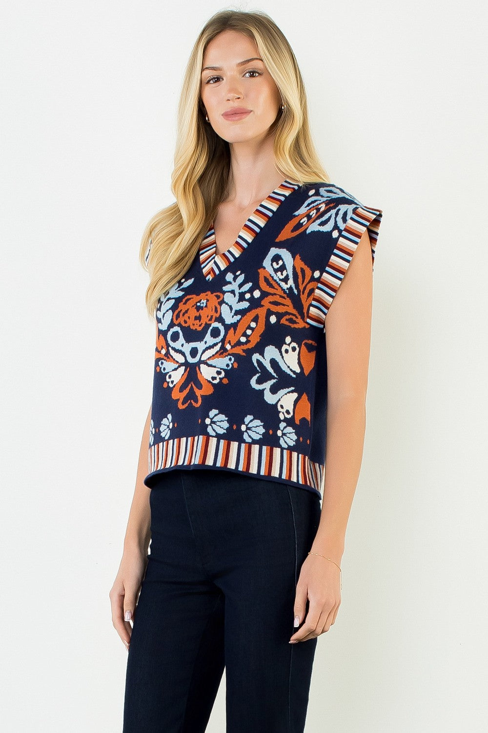 Flower Print With Stripe Detail Vest