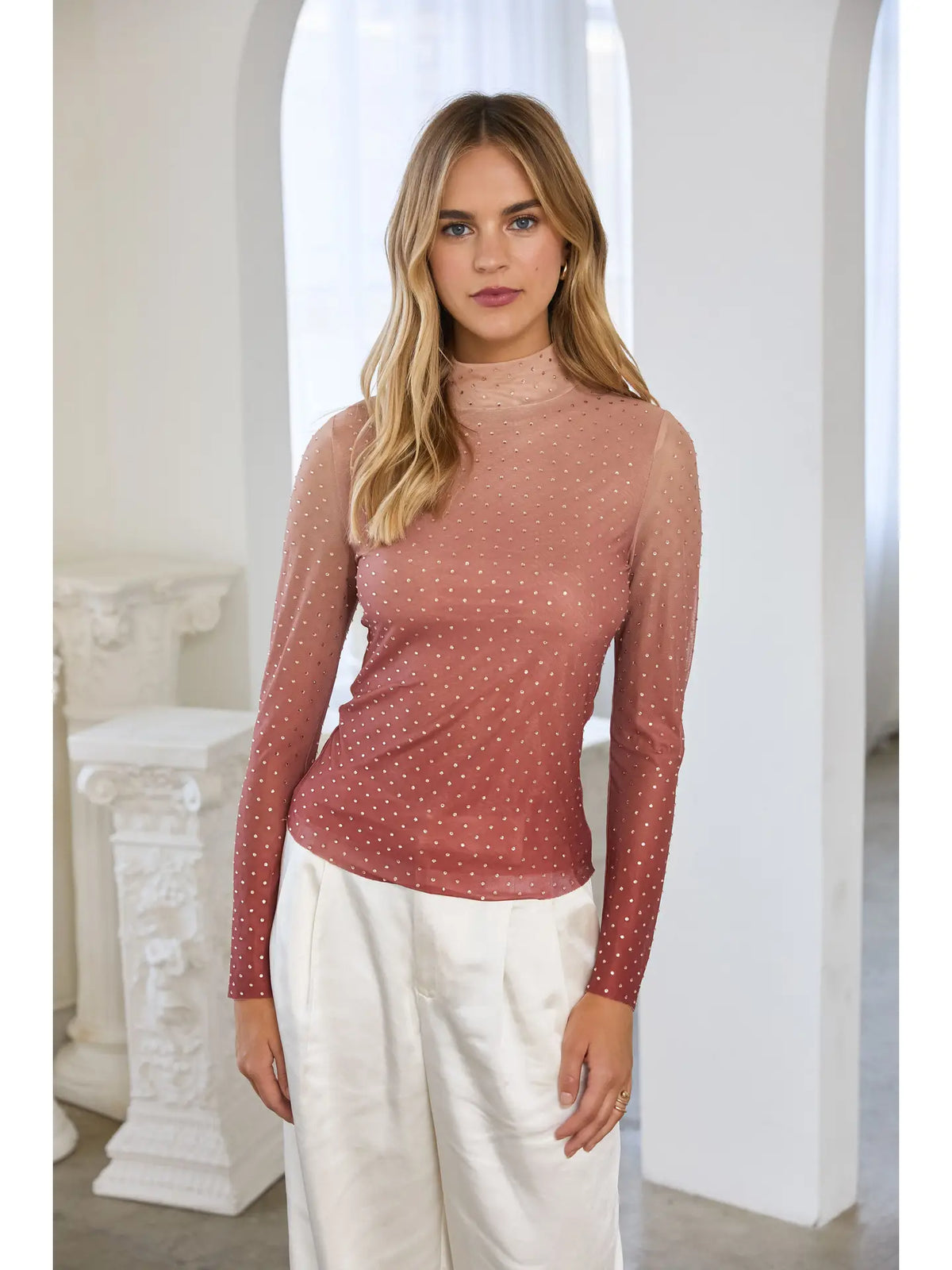 Rhinestone Embellished Mesh Mock Neck Top