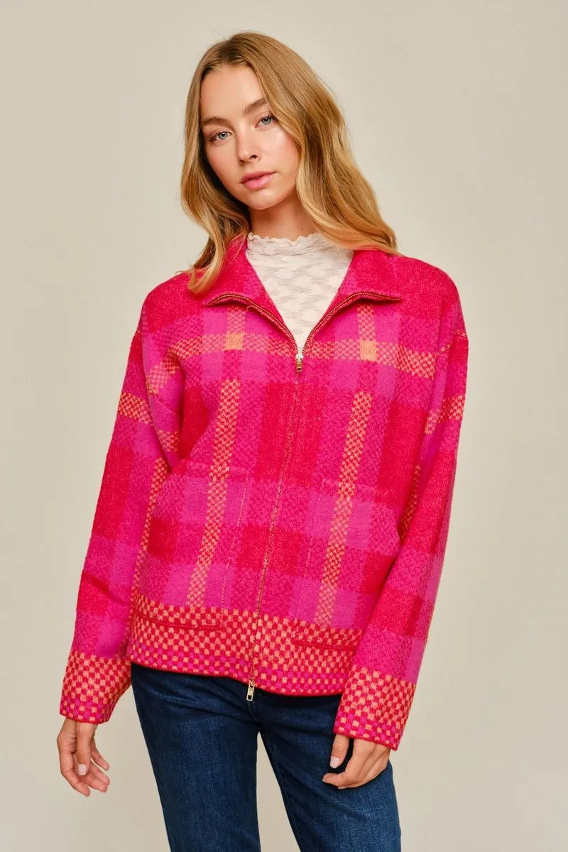 Plaid Zip Up Cardigan - Red