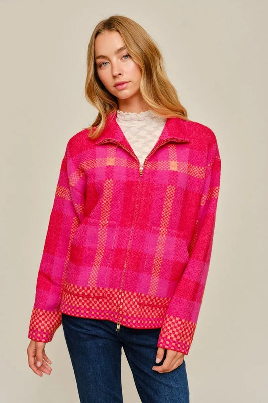 Plaid Zip Up Cardigan - Red