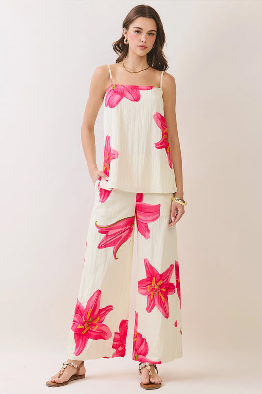 Cream Pant Set With Pink Flowers