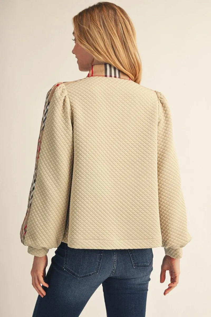 Quarter Zip Puff Sleeve - Beige