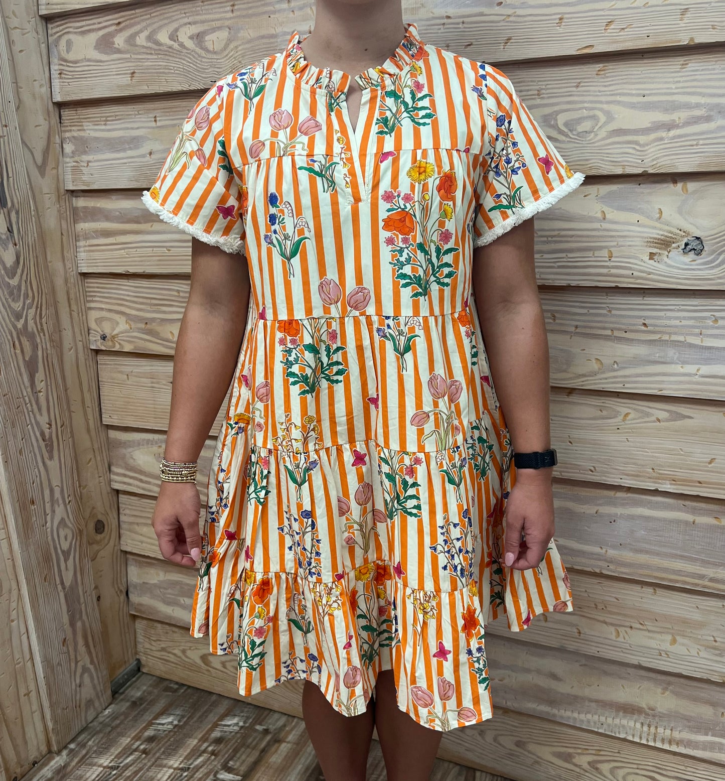Orange Floral Print Striped Dress