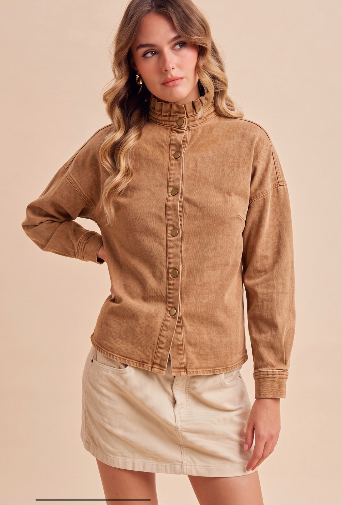 Ruffle Neck Twill Shacket