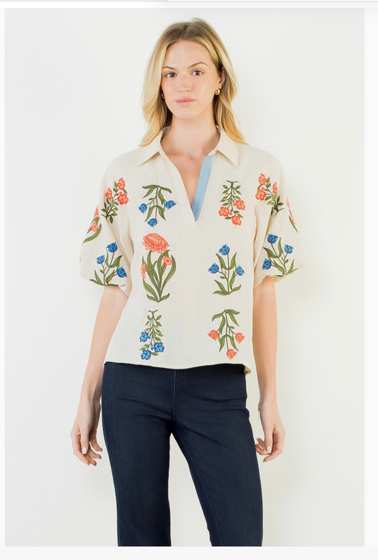 Collard V-Neck Embroidery Floral Top