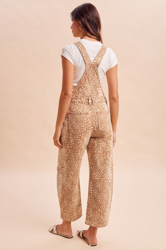 Deer Print Barrel Denim Overalls