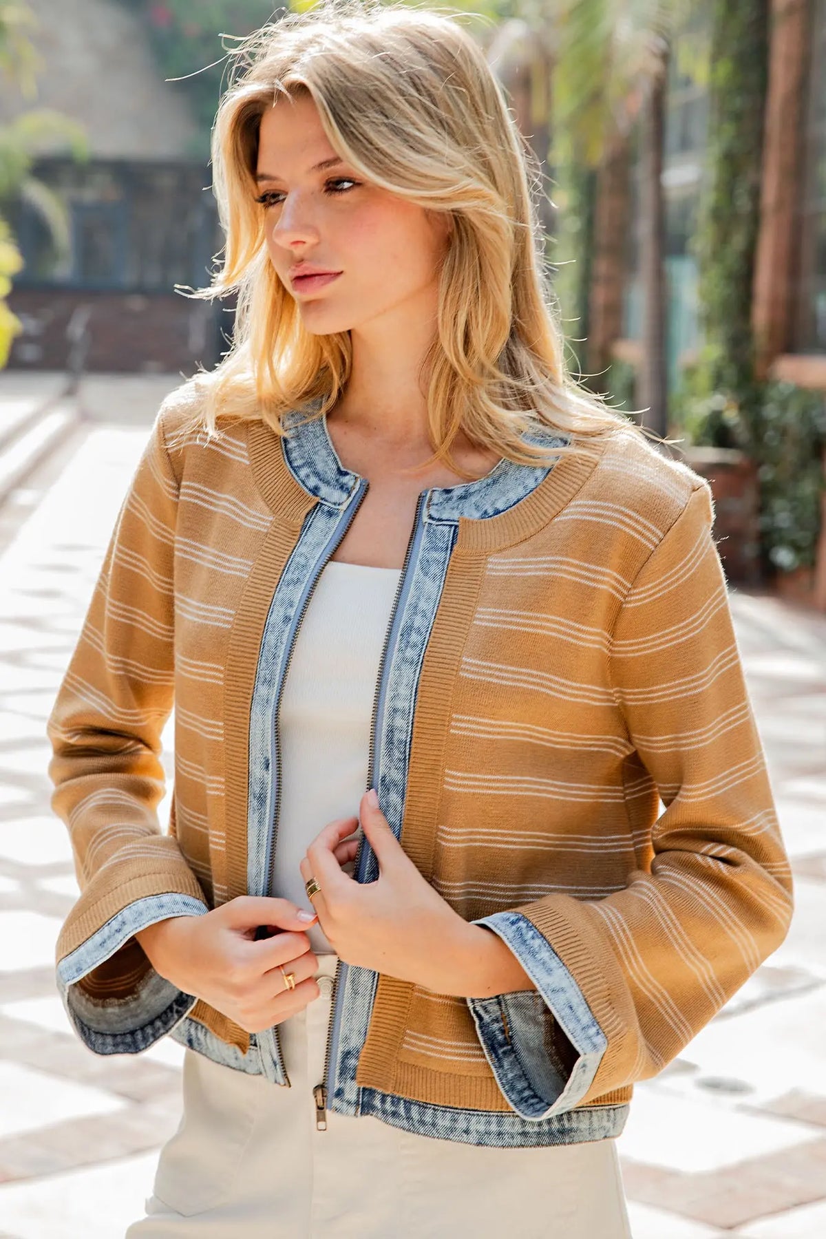 Denim Trim Striped Knit Sip Up Jacket