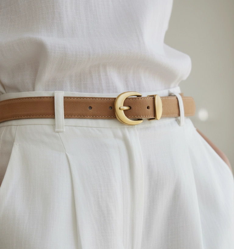 Suede Belt With Curved Gold Buckle in Camel