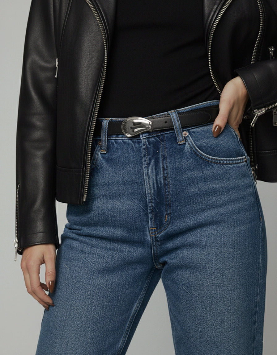 Napa Leather Belt With Silver Bean Buckle- Black