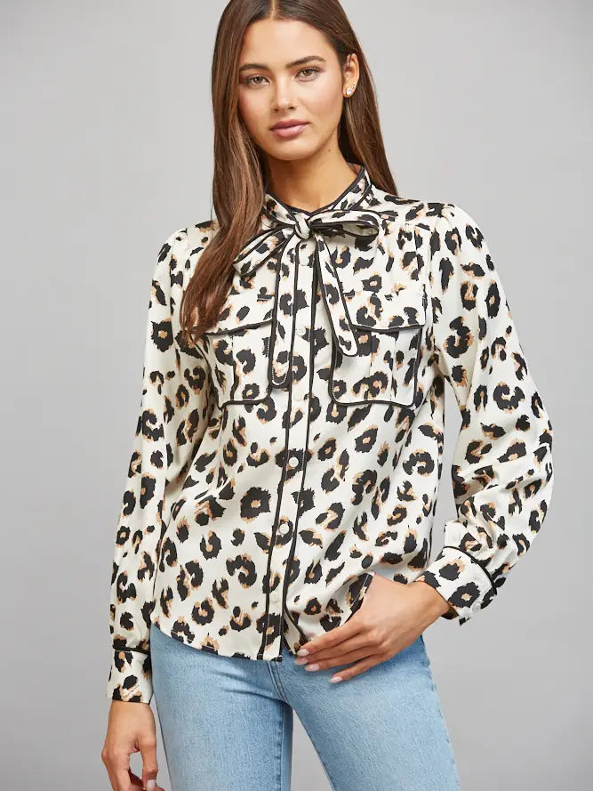 Animal Print Piping Detail Long Sleeve Top