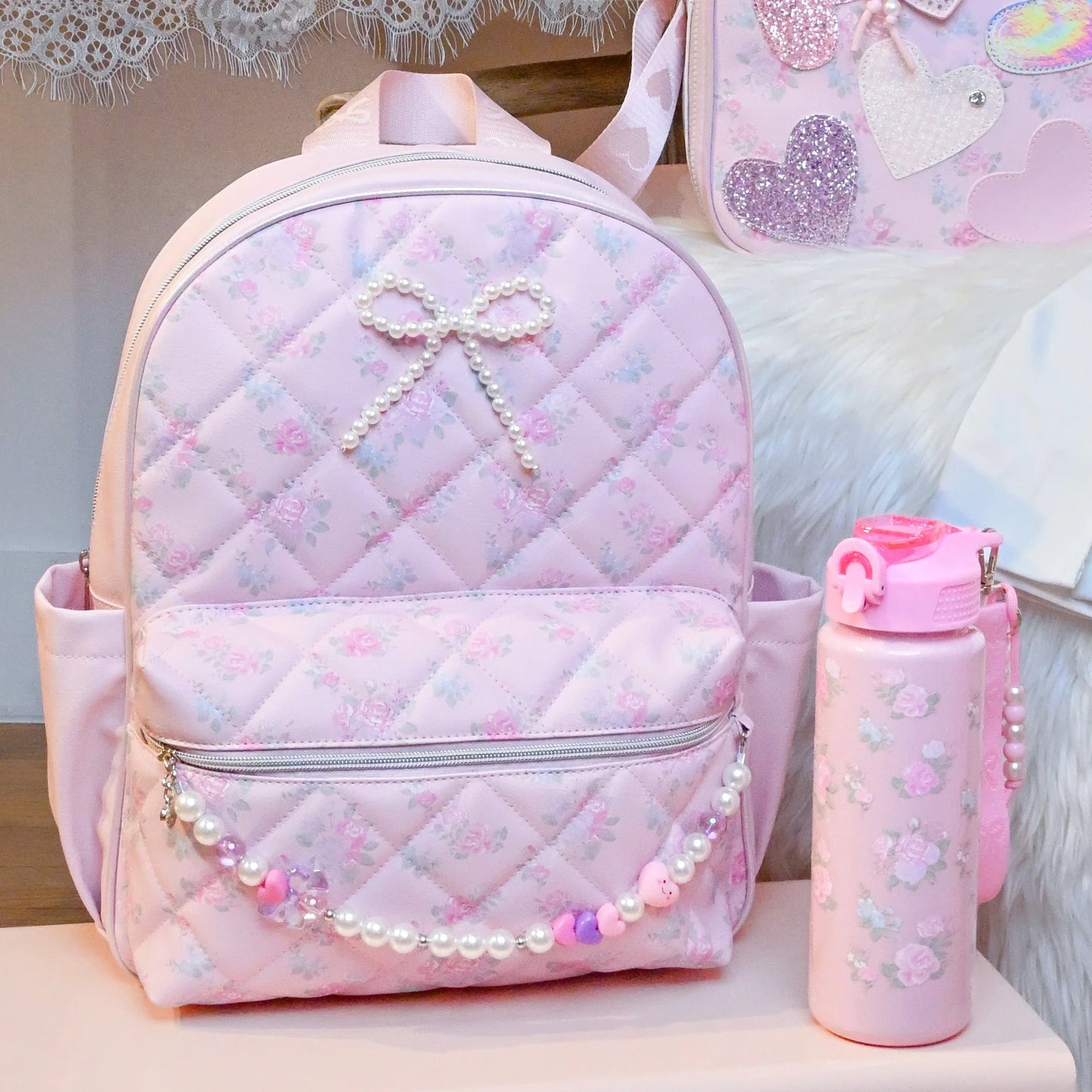 Floral Print Quilted Large Backpack with Pearl Charm