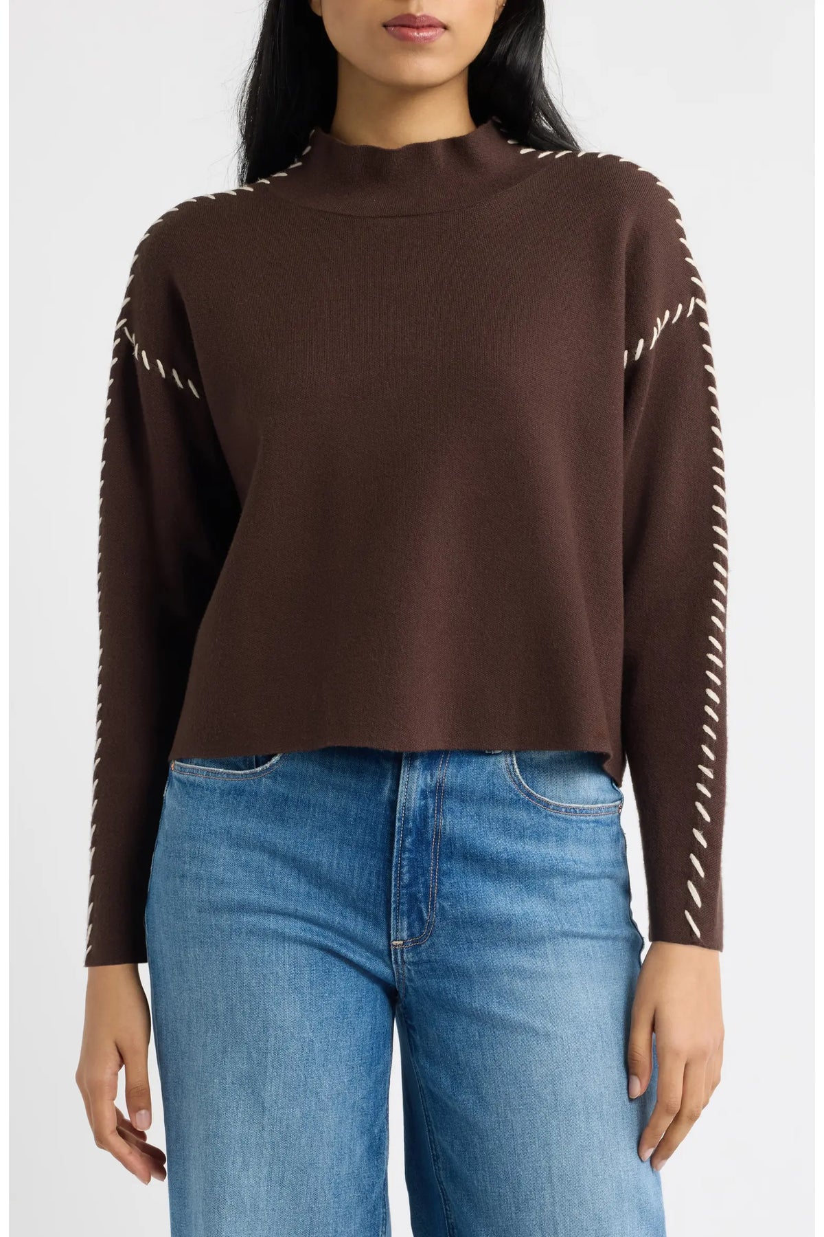 Mock Neck Stitch Detail Sweater - Brown