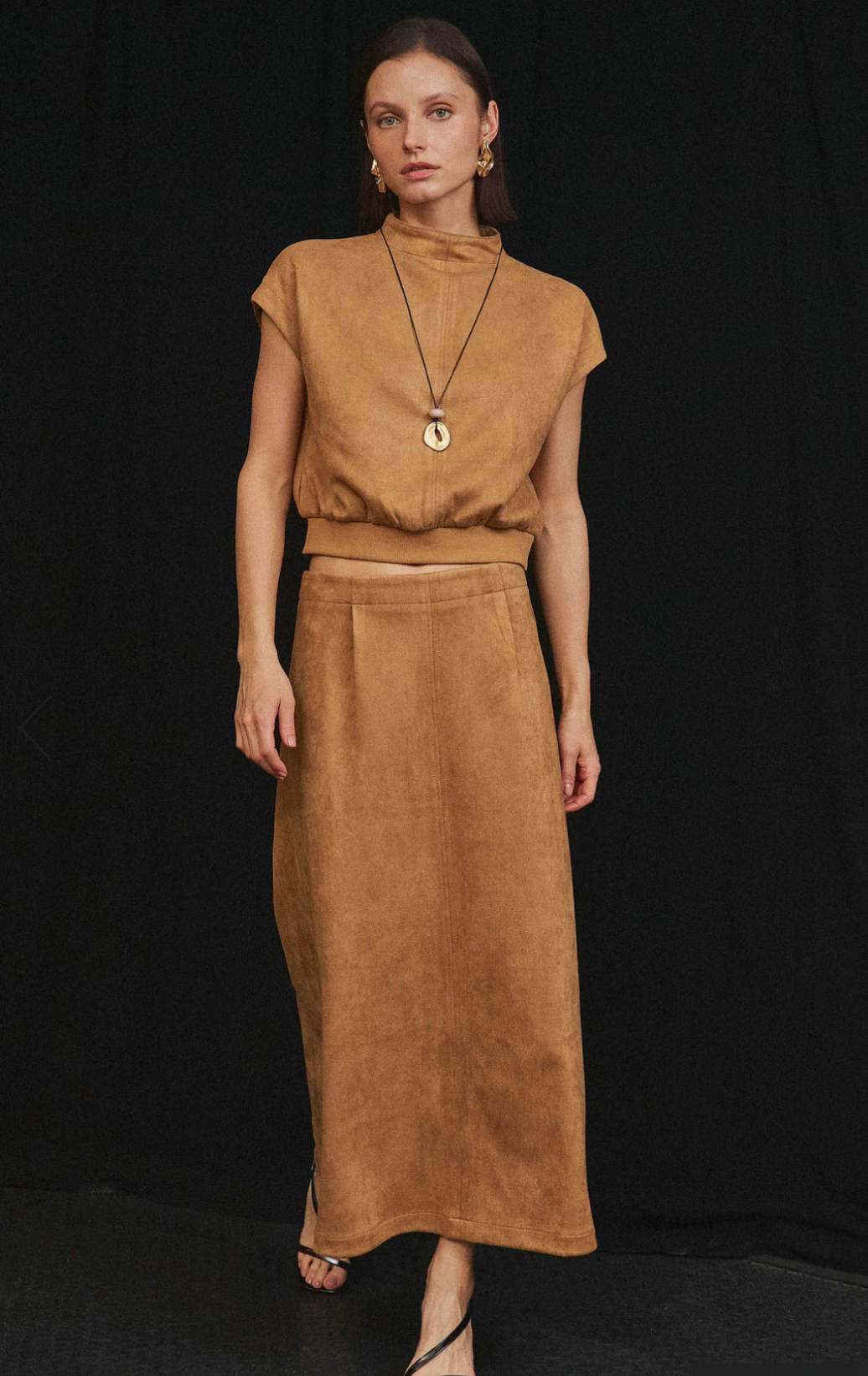 Mock Neck Stretch Suede Top & Skirt