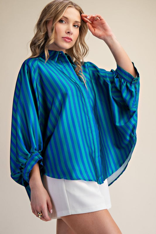 Green And Blue Balloon Sleeve Top