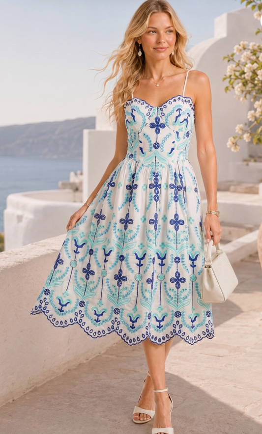 Embroidered Fit-and-Flare Midi