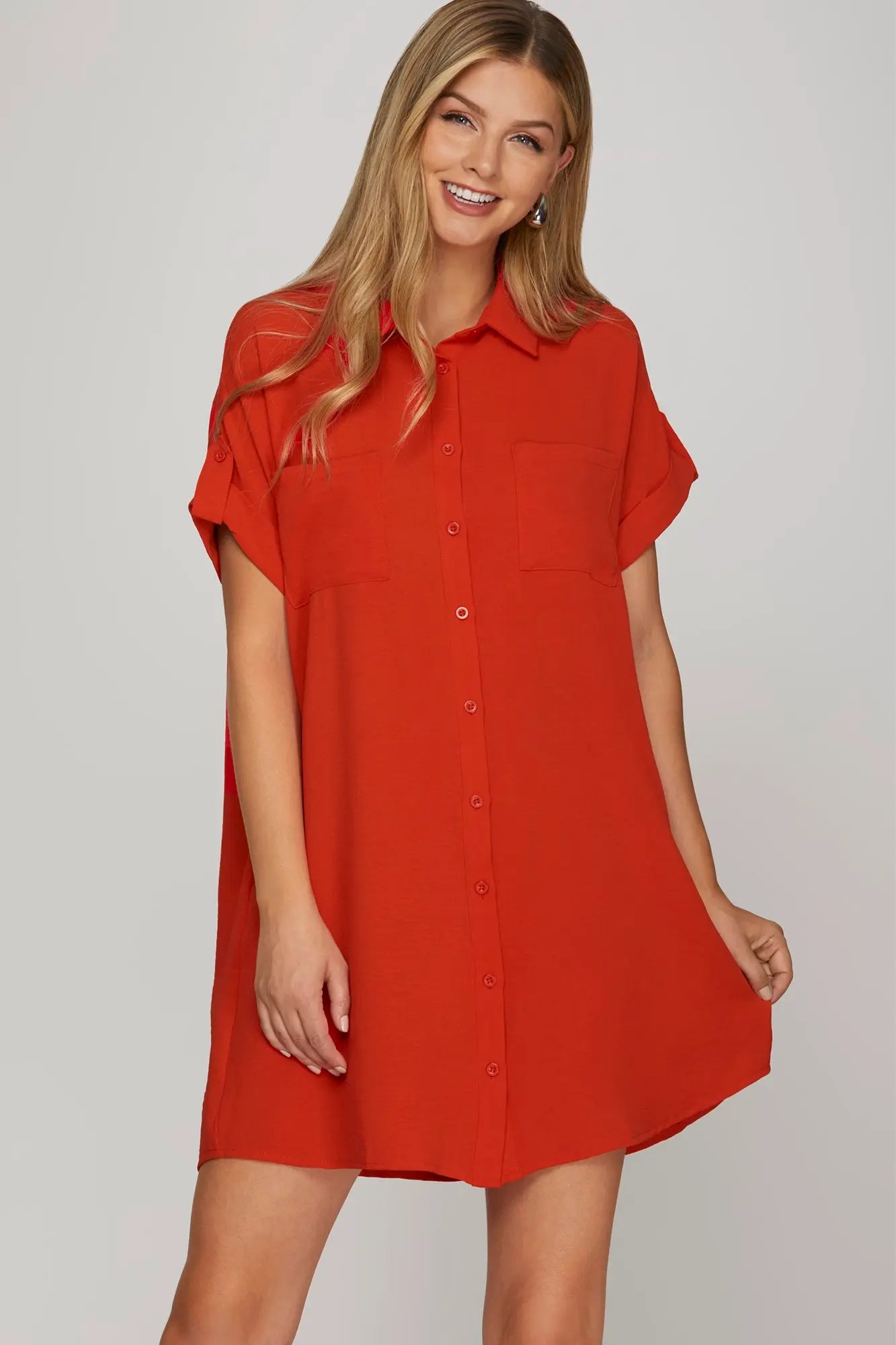 Drop Shoulder Button Up Dress - Red