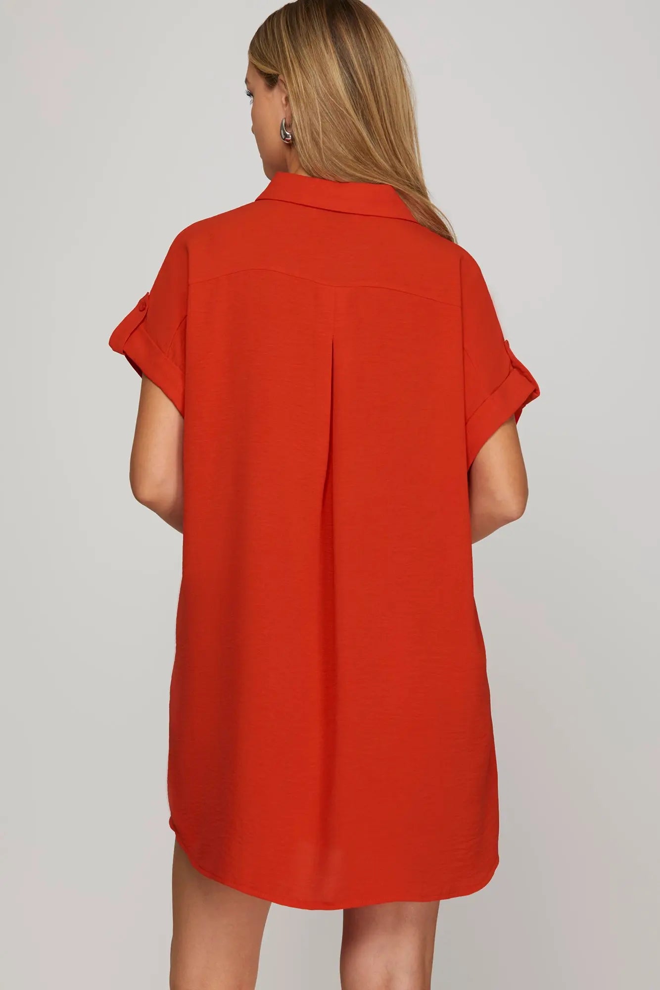 Drop Shoulder Button Up Dress - Red