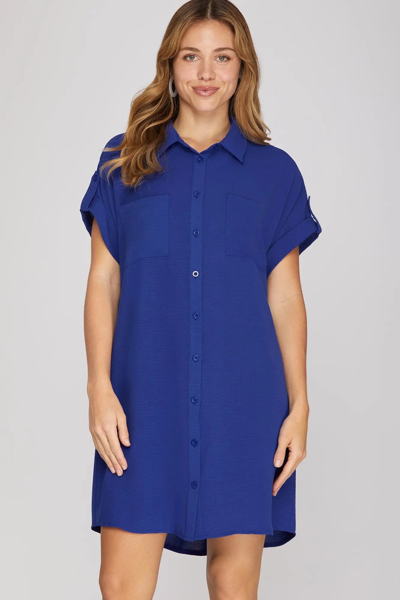 Drop Shoulder Button Up Dress - Royal Blue