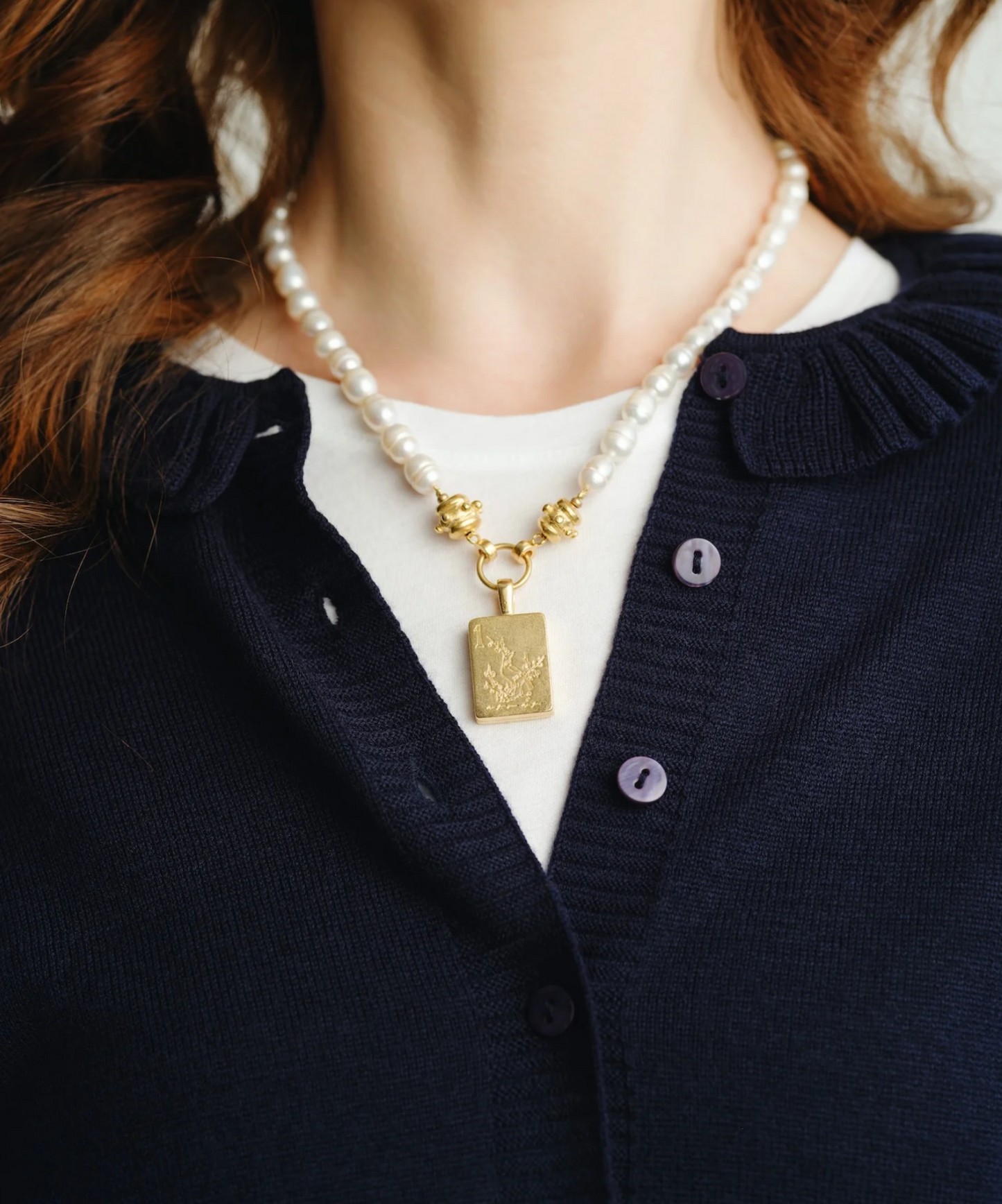 Bam Bird Mahjong Tile Pearl Necklace