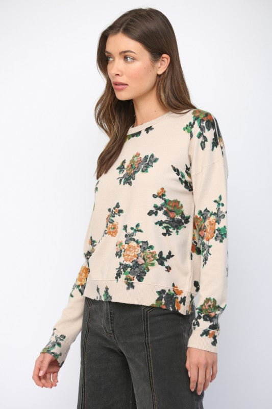 Floral Crew Neckline Sweater - Beige