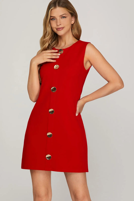 Gold Button Detail Red Dress