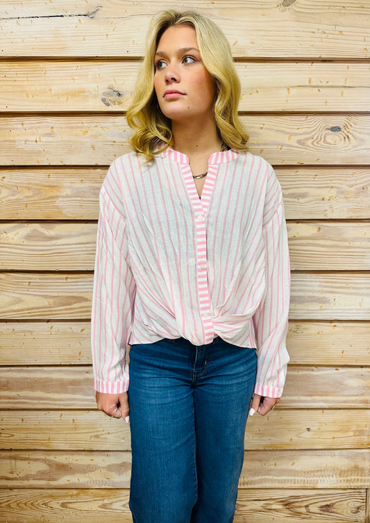 Pink Stripe Twist Front Buttondown