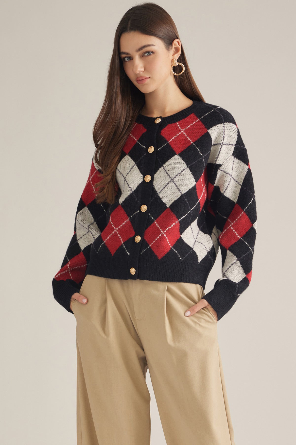 Black And Red Argyle Cardigan