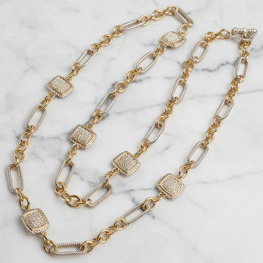 Two Tone Link Necklace With Pave Squares- 36 inch