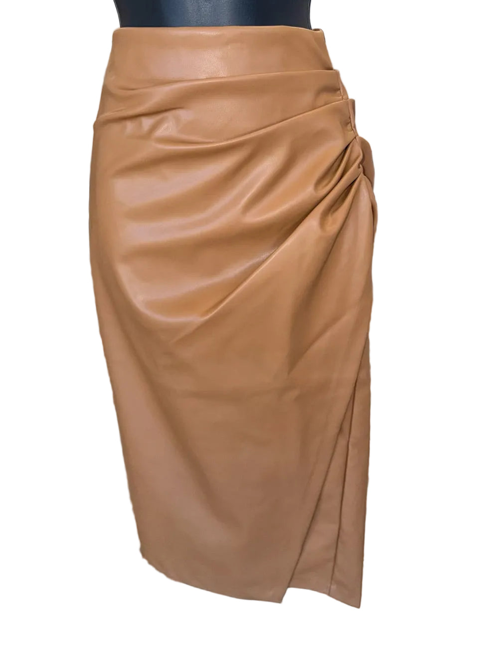 Ruched Detailing Side Slit Faux Leather Skirt
