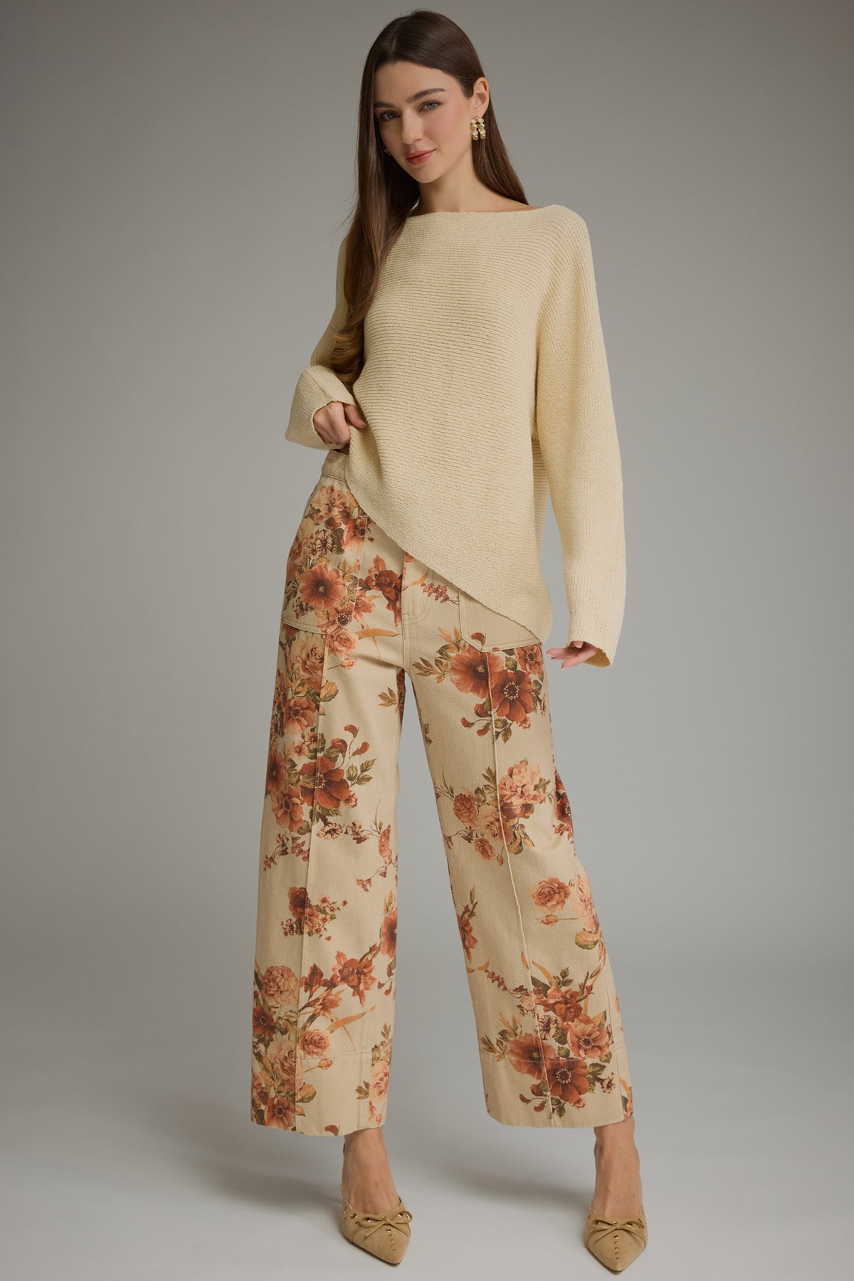 Wide Leg Floral Pant - Taupe