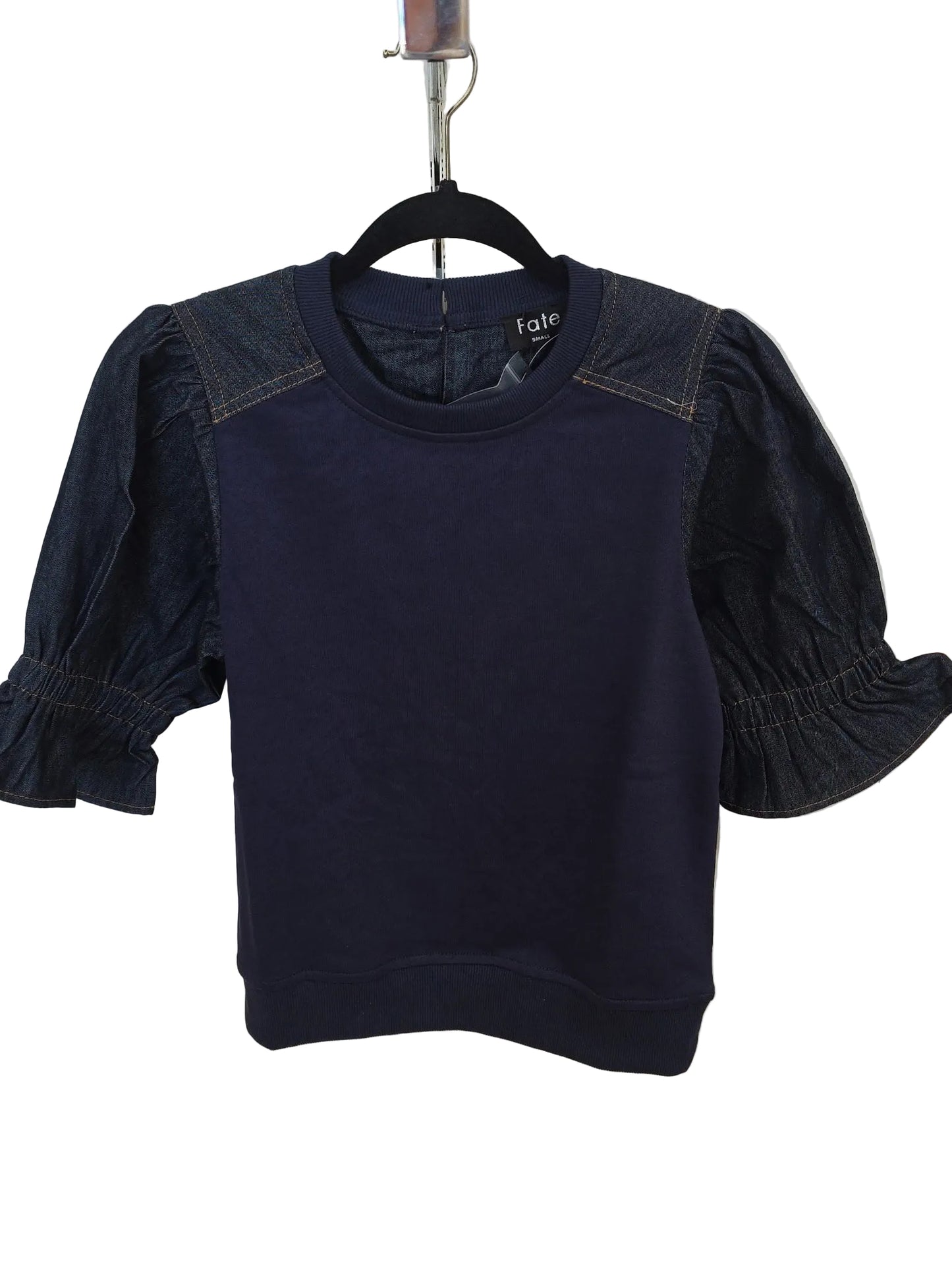Contrast Short Denim Puff Sleeve Knit Top