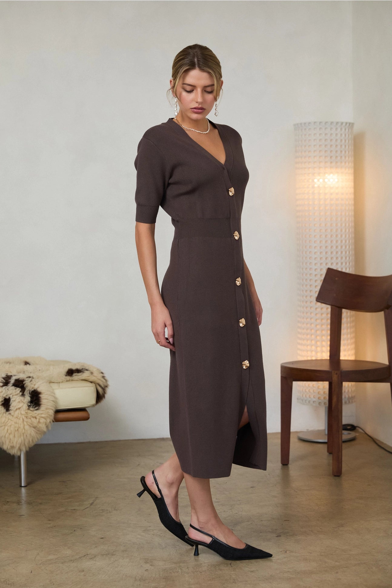 Ribbed Short Sleeve Midi Dress - Chocolate
